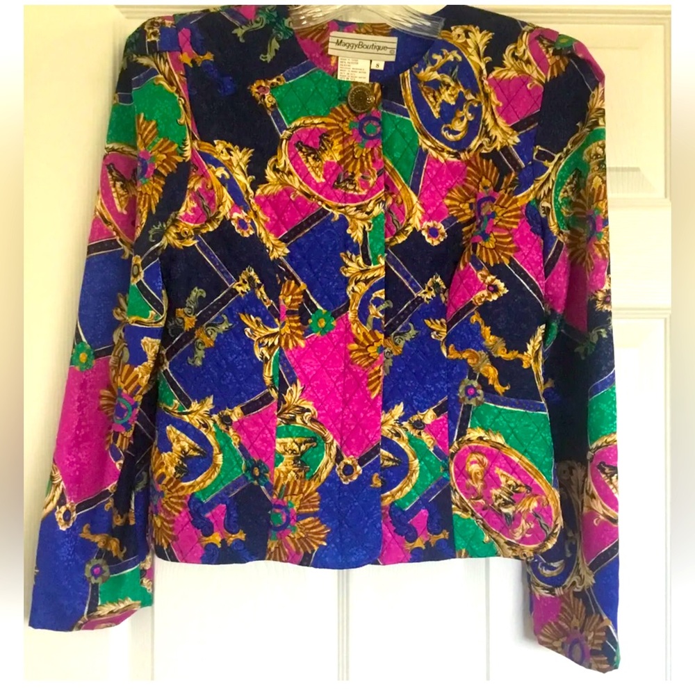 Maggy Boutique Size 8 Vintage Quilted Jacket  & Skirt Suit Set  Multi Color 80s